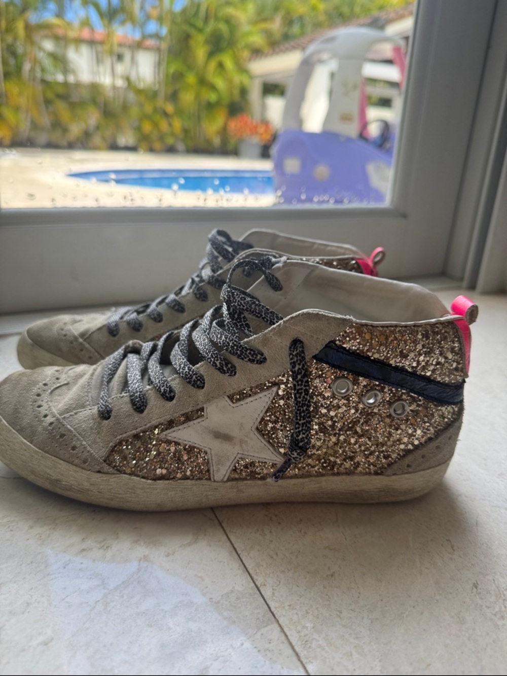 Golden Goose Women Glitter High-Top Sneakers in Gold, White & Pink